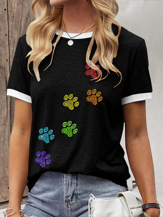 Women's Colorful Rhinestone Paw Print T-shirt